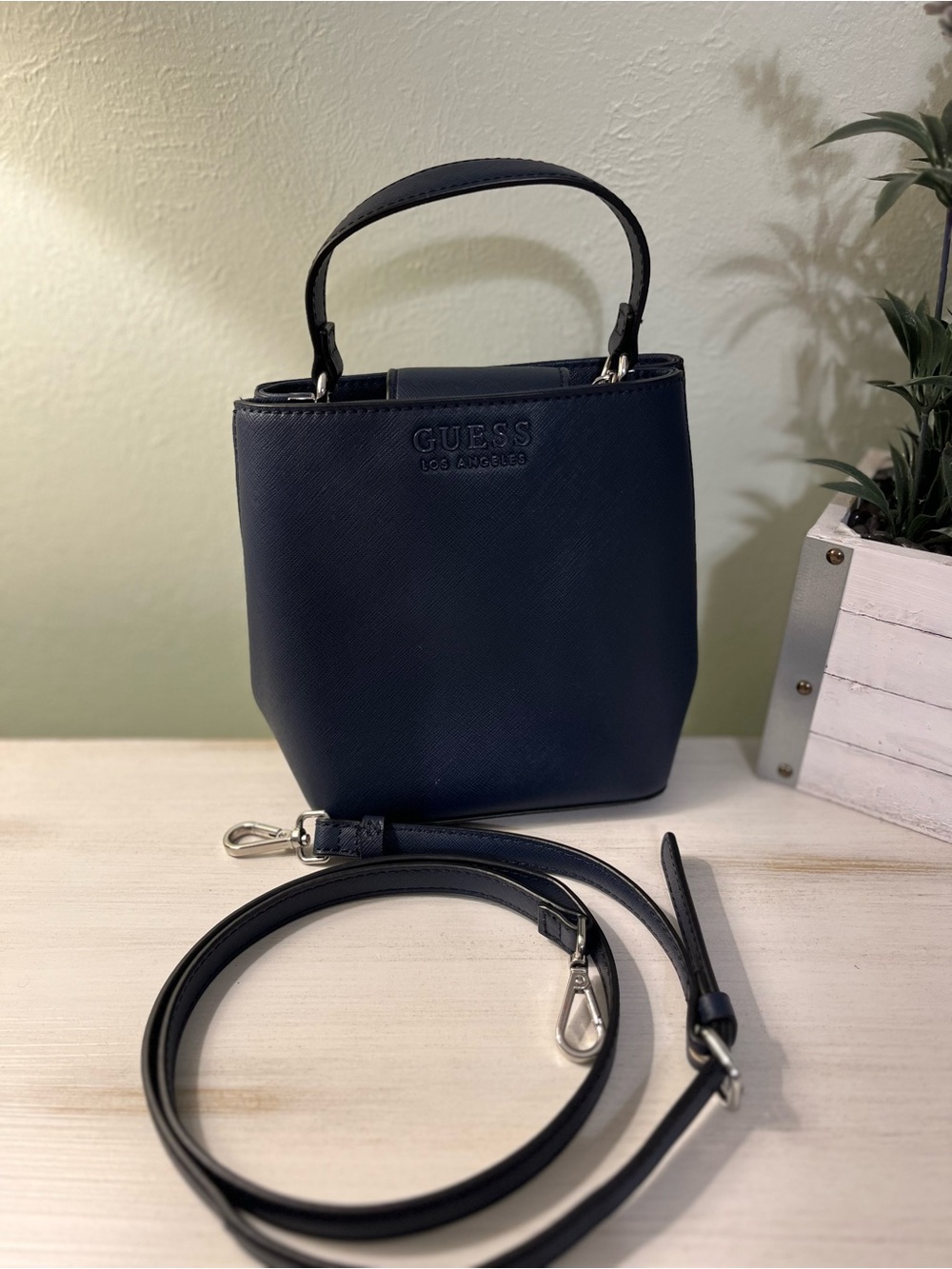GUESS Los Angeles Mini Bucket/Satchel Bag Navy Blue NWOT